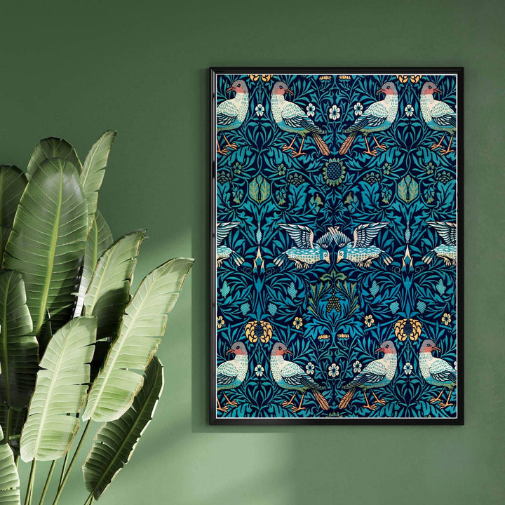 Decorative wall art print of William Morris Bird Woven Wool teal poster set against a subtle border, bringing timeless vintage British botanical elegance and tapestry depth into home interior spaces.