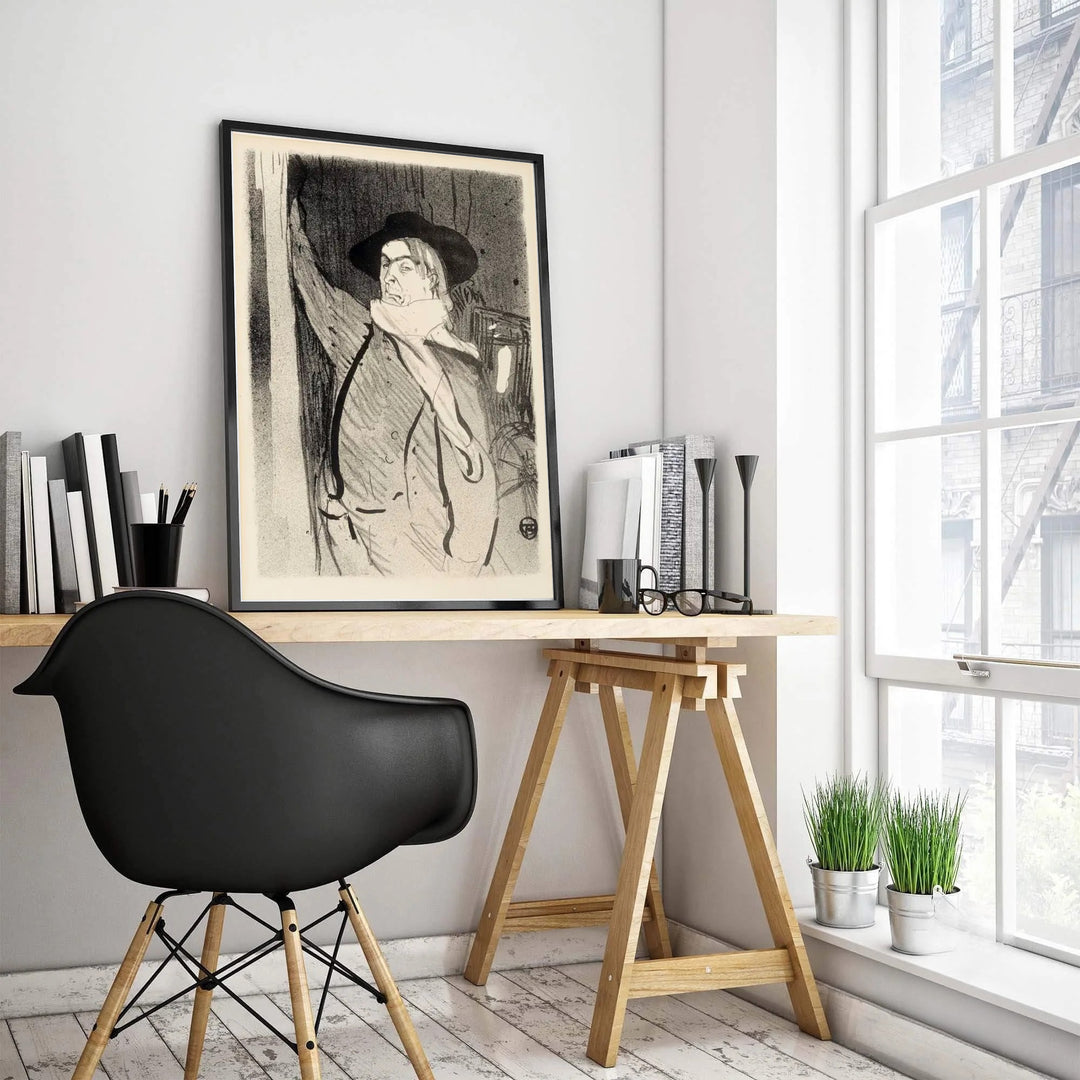 Black and white post-impressionist portrait lithograph print of Henri de Toulouse-Lautrec Aristide Bruant 1893 from Montmartre Paris France. MapYourDreams offers premium framed, unframed paper, and canvas wall art.