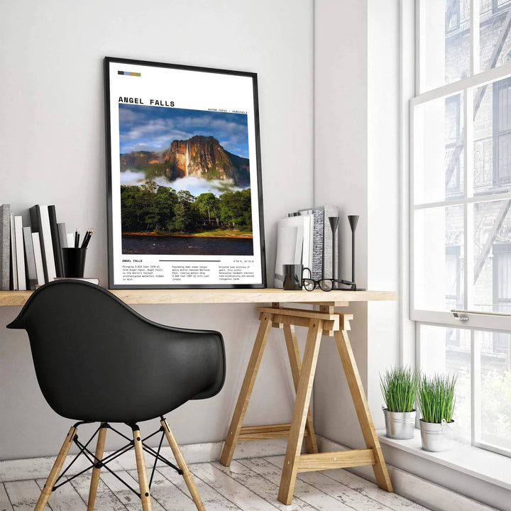 High-resolution nature photography print illustrating sunlit sandstone cliffs and misty tropical forest along Venezuela&