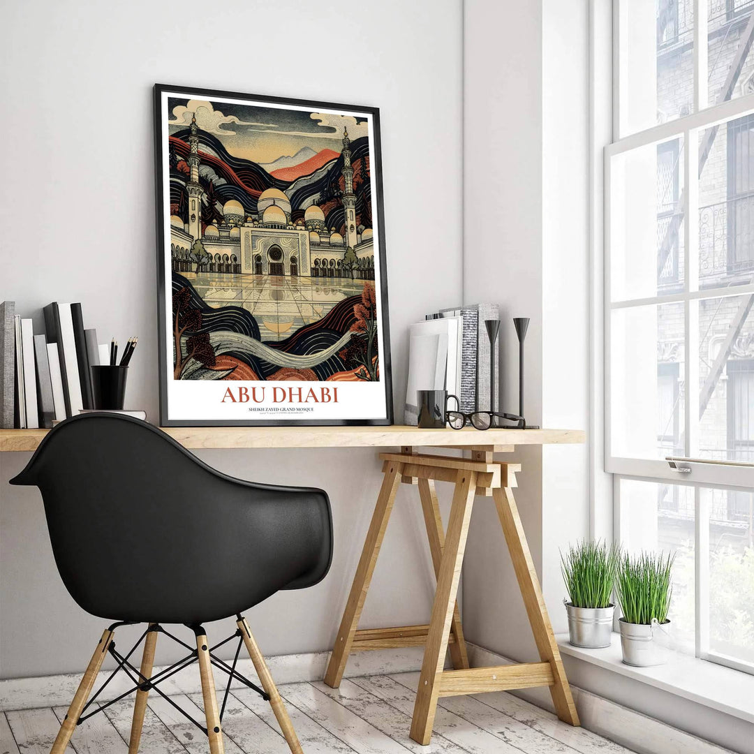 Terra cotta and indigo woodblock style print of Abu Dhabi Sheikh Zayed Grand Mosque with textured reflection pool. Presented by MapYourDreams, this artwork is available in flexible options including unframed paper, custom wooden frames, and gallery canvas wraps for living room art.