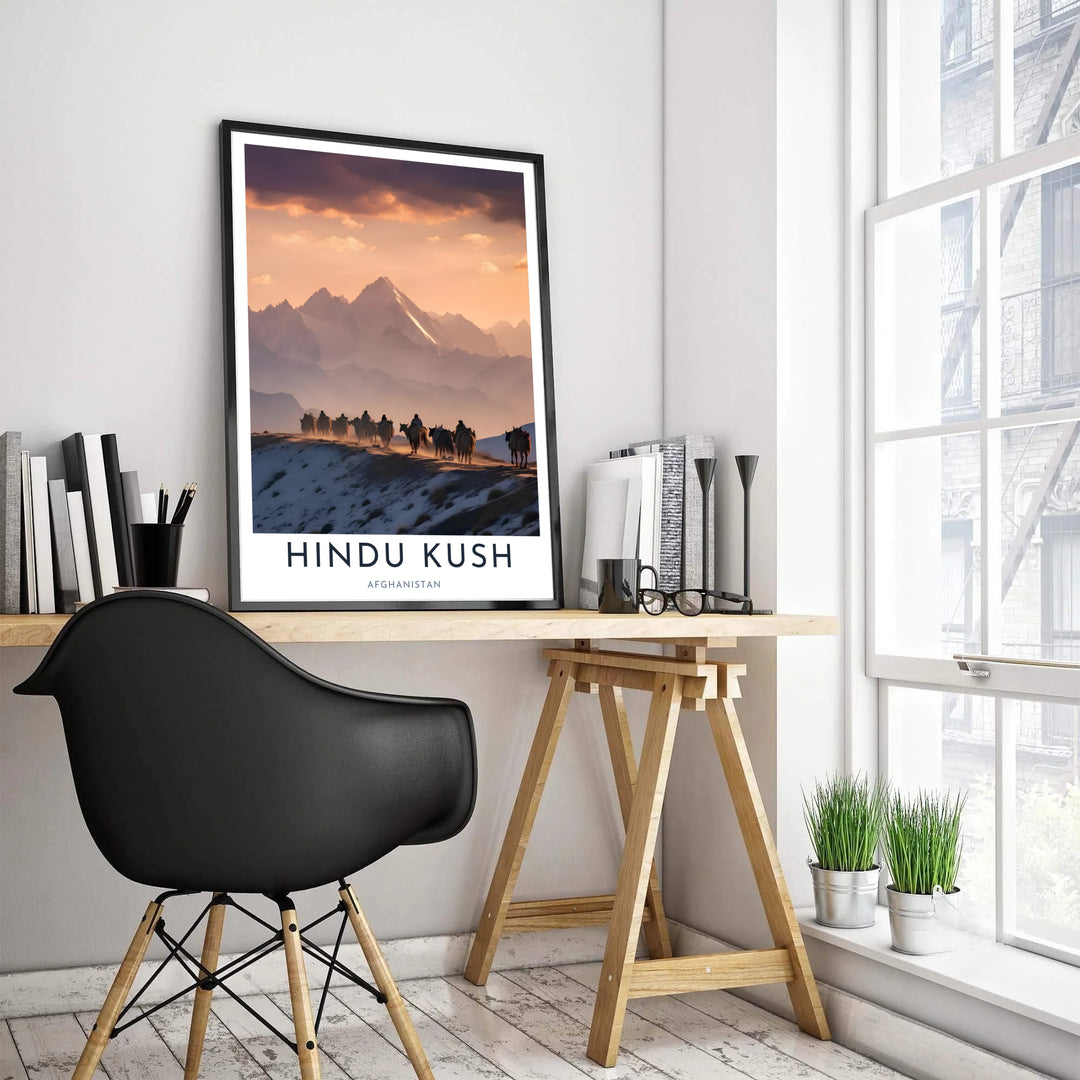 High-resolution travel photography print of a Kuchi caravan crossing the Hindu Kush in Afghanistan during sunset, presented by MapYourDreams with selection options for an unframed paper print, museum canvas wall decor, or framed poster in grey and bronze frame options.