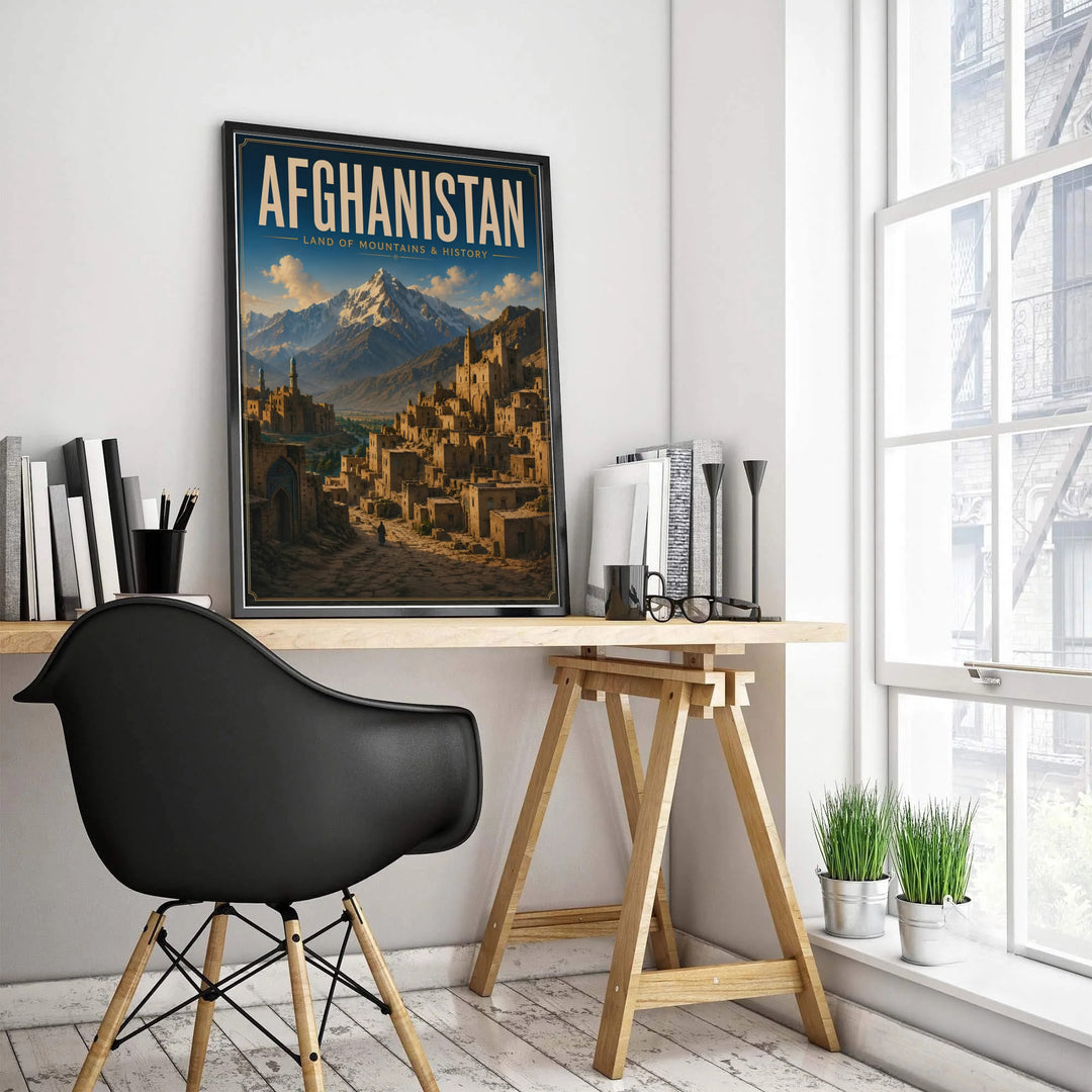 High quality vintage travel art poster of an ancient mountain citadel in Afghanistan under a sunny sky, presented by MapYourDreams with selection options for an unframed paper print, museum canvas wall decor, or framed poster in grey, bronze, and gold frame options.
