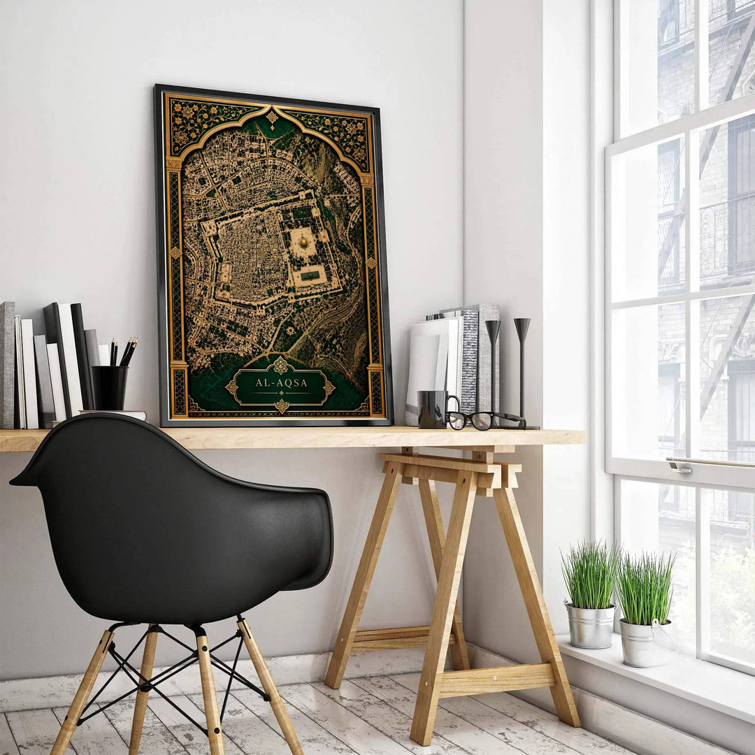 Antique style Jerusalem map poster displaying Al Aqsa Compound within a decorative gold floral arch frame. Produced by MapYourDreams, this artwork is available in flexible options including unframed paper, custom wooden frames, and gallery canvas wraps for office wall decor.