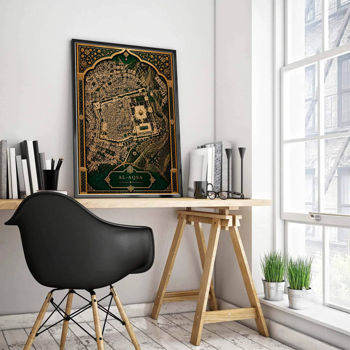 Antique style Jerusalem map poster displaying Al Aqsa Compound within a decorative gold floral arch frame. Produced by MapYourDreams, this artwork is available in flexible options including unframed paper, custom wooden frames, and gallery canvas wraps for office wall decor.
