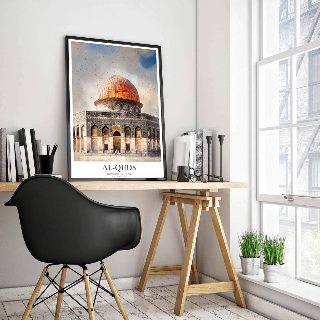 Dynamic watercolor travel poster of the golden Dome of the Rock in Jerusalem Palestine featuring dramatic atmospheric sky washes. Designed by MapYourDreams, this artwork is available in flexible options including unframed paper, custom wooden frames, and gallery canvas wraps for home wall art.
