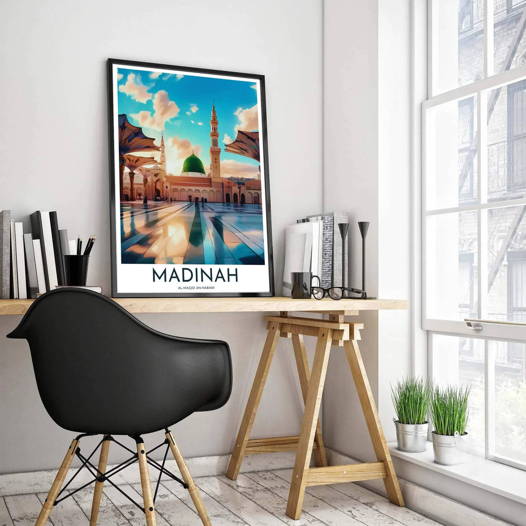 Scenic travel poster of the Prophet Mosque in Madinah Saudi Arabia illuminated during golden hour dusk. Designed by MapYourDreams, this artwork is available in flexible options including unframed paper, custom wooden frames, and gallery canvas wraps for home wall art.