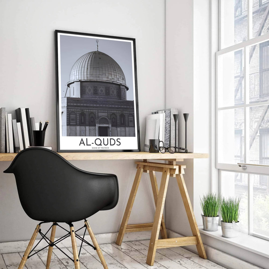 Close up black and white architecture poster of the iconic Dome of the Rock in Jerusalem Palestine under clear sky. Designed by MapYourDreams, this artwork is available in flexible options including unframed paper, custom wooden frames, and gallery canvas wraps for room decor.
