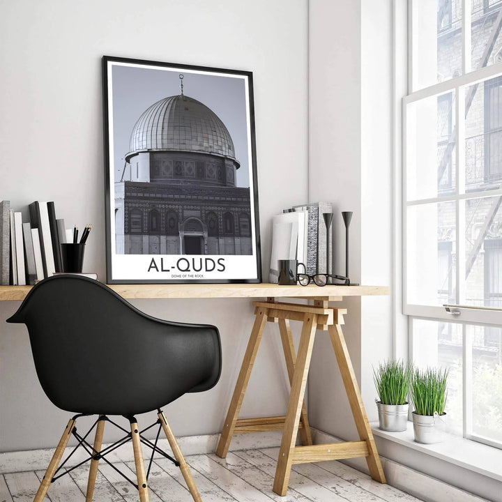 Close up black and white architecture poster of the iconic Dome of the Rock in Jerusalem Palestine under clear sky. Designed by MapYourDreams, this artwork is available in flexible options including unframed paper, custom wooden frames, and gallery canvas wraps for room decor.