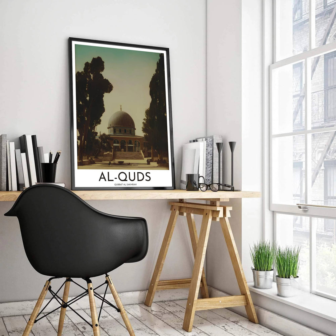 Vintage sepia architectural print of Jerusalem Al Quds sanctuary highlighting central dome framed by tall cypress trees. Produced by MapYourDreams, this artwork is available in flexible options including unframed paper, custom wooden frames, and gallery canvas wraps for office wall decor.