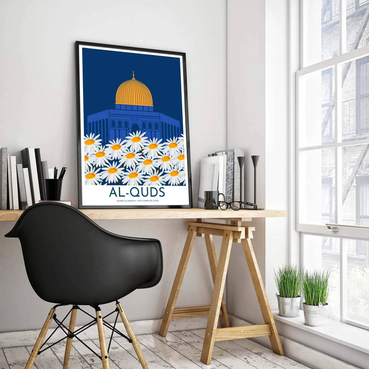 Modern Palestine art print depicting the iconic Dome of the Rock in Al Quds surrounded by daisy blossoms. Produced by MapYourDreams, this artwork is available in flexible options including unframed paper, custom wooden frames, and gallery canvas wraps for office wall decor.