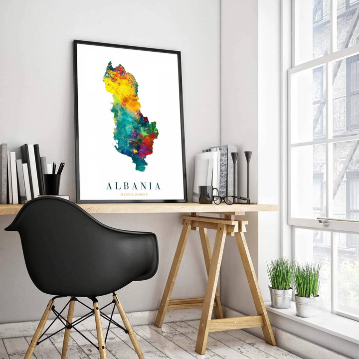 Capturing Albania’s geographical border outline in dynamic multicolor watercolor splashes, this fine art poster brightens living room walls. Offered by MapYourDreams, this artwork is available in flexible options including unframed paper, custom wooden frames, and gallery canvas wraps.