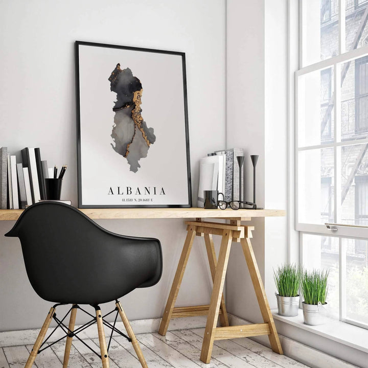 Capturing Albania’s Balkan border outline in deep onyx and glittering gold fluid ink, this fine art poster brings regal sophistication to living room walls. Offered by MapYourDreams, this artwork is available in flexible options including unframed paper, custom wooden frames, and gallery canvas wraps.