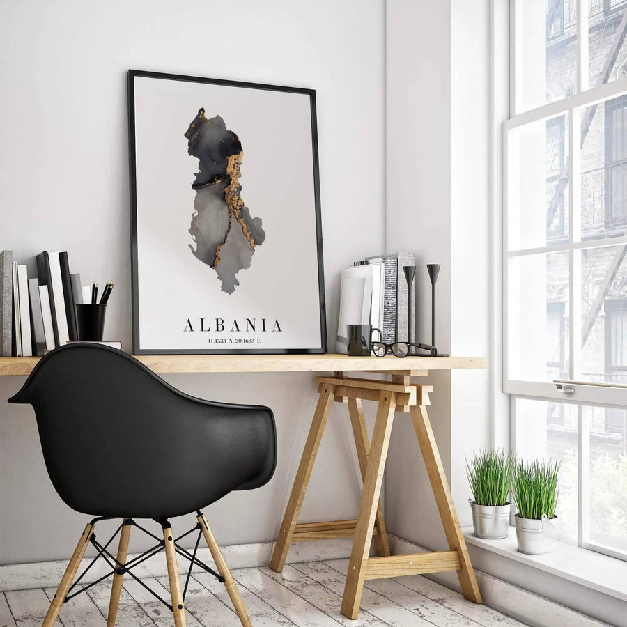 Capturing Albania’s Balkan border outline in deep onyx and glittering gold fluid ink, this fine art poster brings regal sophistication to living room walls. Offered by MapYourDreams, this artwork is available in flexible options including unframed paper, custom wooden frames, and gallery canvas wraps.
