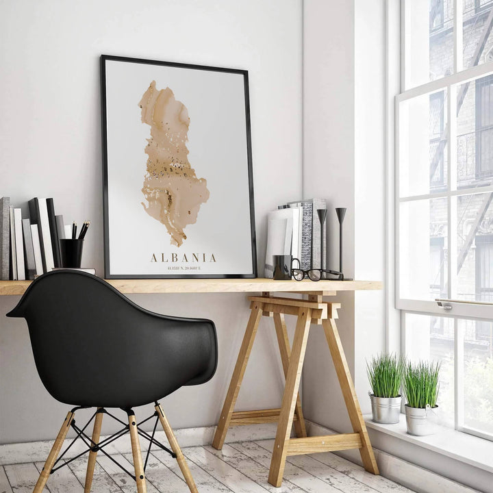 Capturing Albania’s Balkan border outline in soft sand tones and glittering gold fluid ink, this fine art poster brings serene sophistication to living room walls. Offered by MapYourDreams, this artwork is available in flexible options including unframed paper, custom wooden frames, and gallery canvas wraps.