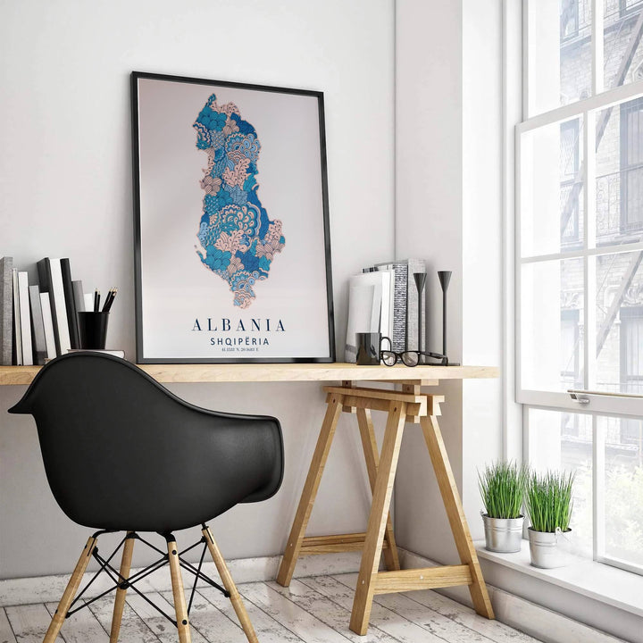 Detailed map art print of Albania with latitude and longitude details, rendered in layered floral mandala textures on premium archival paper stock. Offered by MapYourDreams, this artwork is available in flexible options including unframed paper, custom wooden frames, and gallery canvas wraps.
