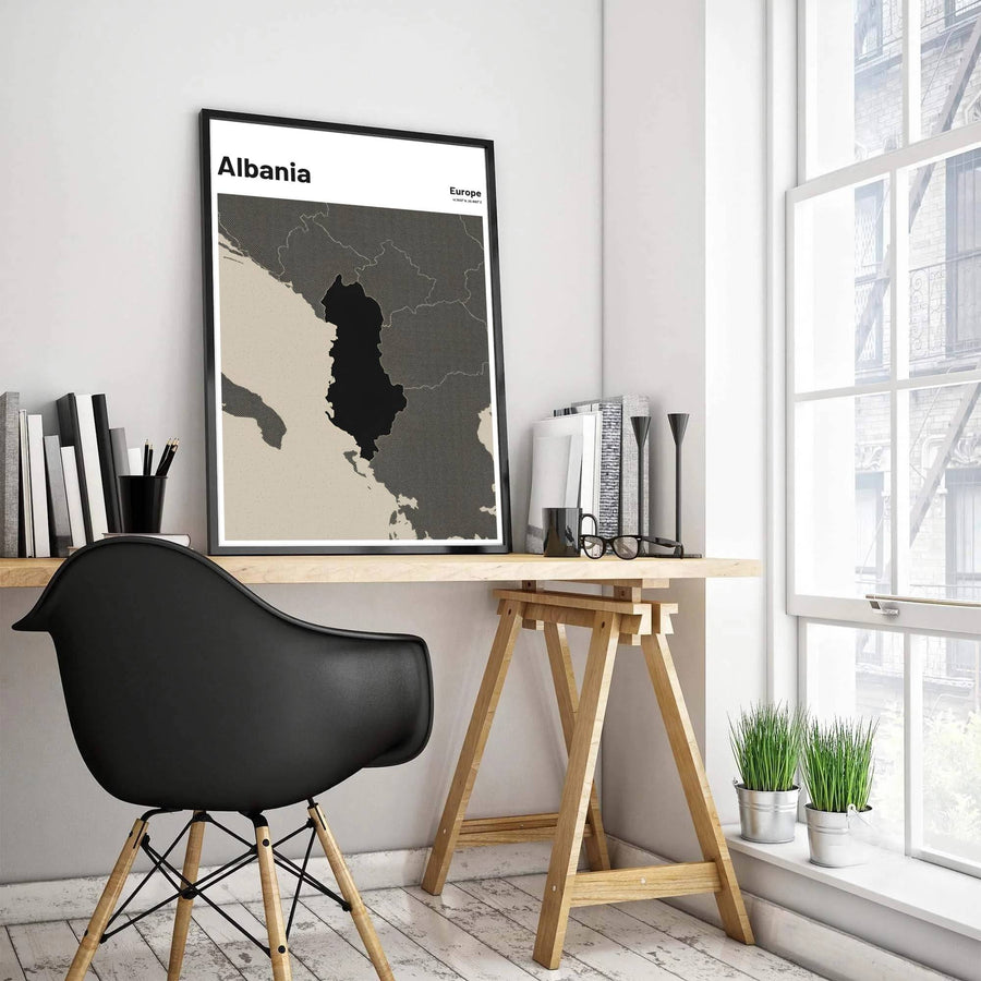 Detailed regional map art print of Albania with latitude and longitude details, rendered in monochromatic black and slate grey textures on archival paper stock. Offered by MapYourDreams, this artwork is available in flexible options including unframed paper, custom wooden frames, and gallery canvas wraps.