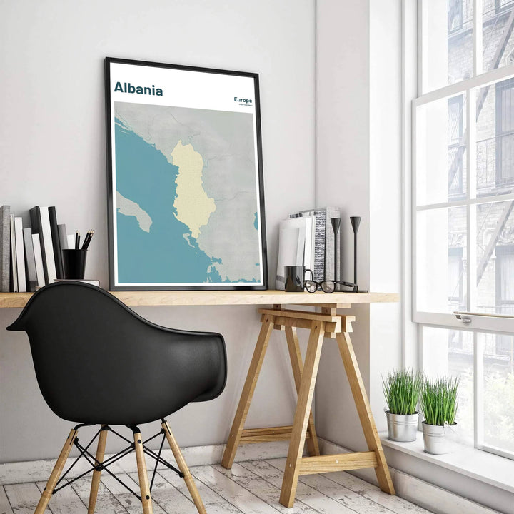 Detailed regional map art print of Albania with latitude and longitude details, rendered in tranquil teal blue and slate grey textures on archival paper stock. Offered by MapYourDreams, this artwork is available in flexible options including unframed paper, custom wooden frames, and gallery canvas wraps.