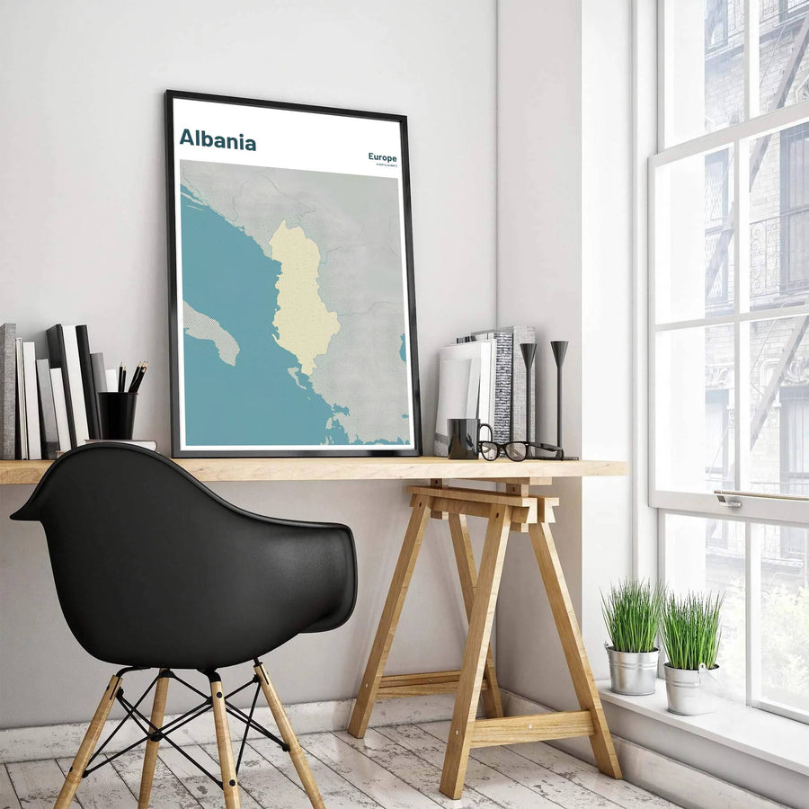 Detailed regional map art print of Albania with latitude and longitude details, rendered in tranquil teal blue and slate grey textures on archival paper stock. Offered by MapYourDreams, this artwork is available in flexible options including unframed paper, custom wooden frames, and gallery canvas wraps.