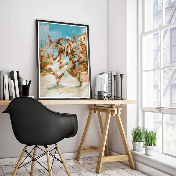 Capturing the motion of traditional Balkan dancing in an open cobblestone square surrounded by stone buildings, this fine art poster brightens rooms. Offered by MapYourDreams, this artwork is available in flexible options including unframed paper, custom wooden frames, and gallery canvas wraps.