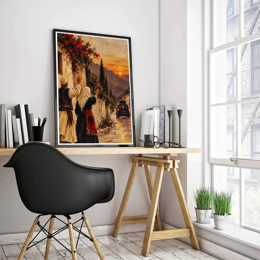 Detailed impressionist painting print of an Albanian couple in traditional clothing waving goodbye, rendered in warm gold, red, and charcoal oil textures on fine paper. Offered by MapYourDreams, this artwork is available in flexible options including unframed paper, custom wooden frames, and gallery canvas wraps.