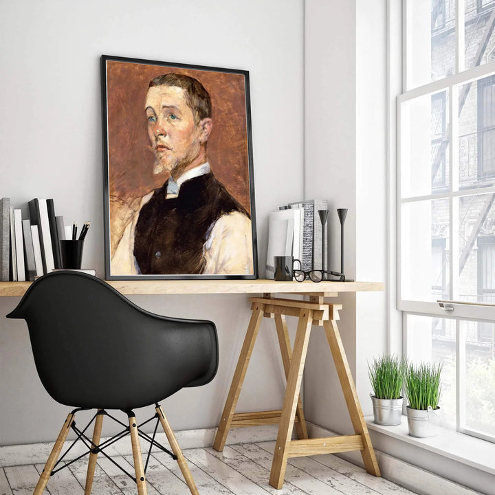 Impressionist oil portrait art print depicting Albert René Grenier in a dark vest, painted in Paris, France. Choose between framed wall art, unframed prints, or gallery canvas choices at MapYourDreams.