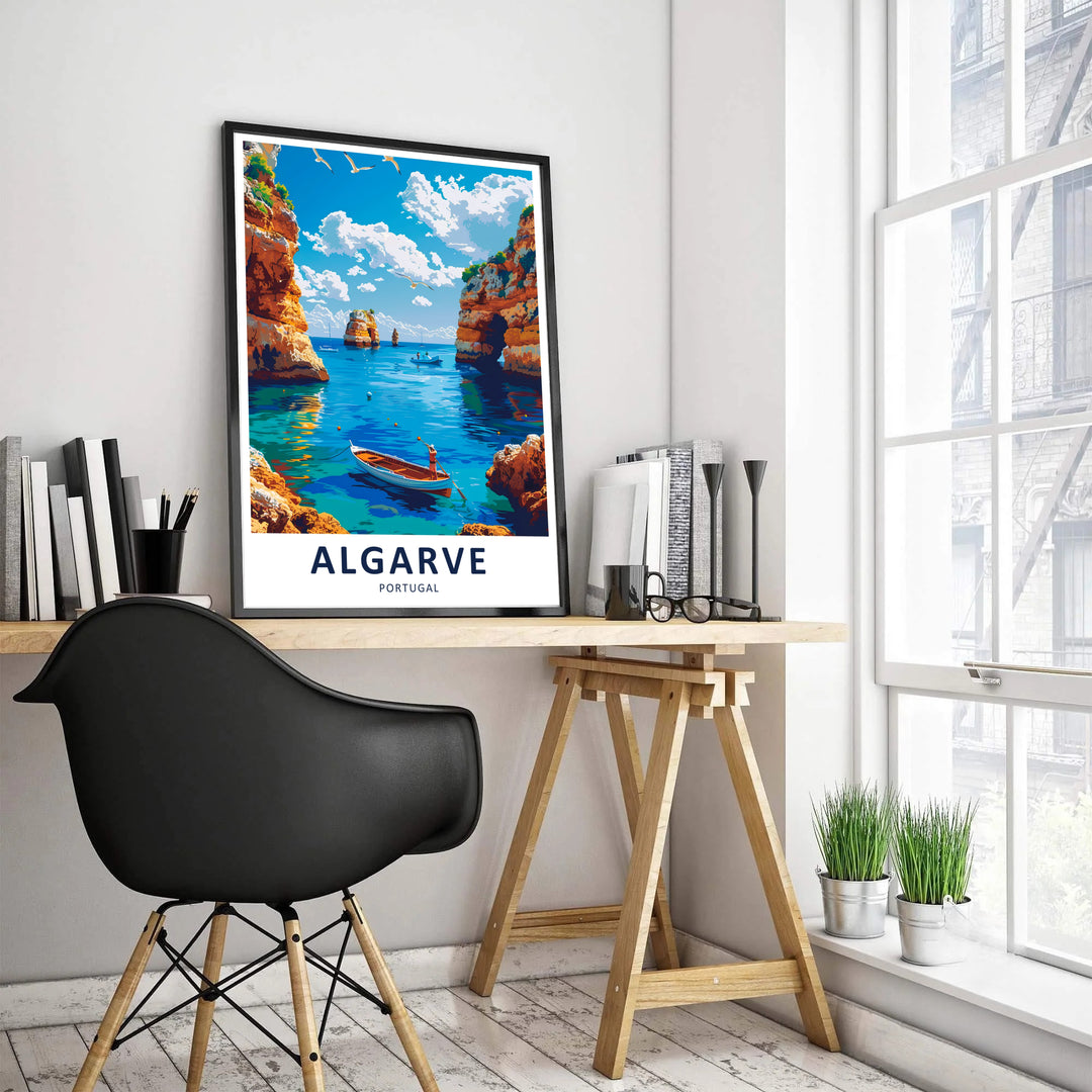 A peaceful fishing boat glides past steep golden limestone rock formations in this Benagil cave art poster set along the Southern Portugal coast. Customers can choose a stretched canvas print, dark framed decor, or unframed print.