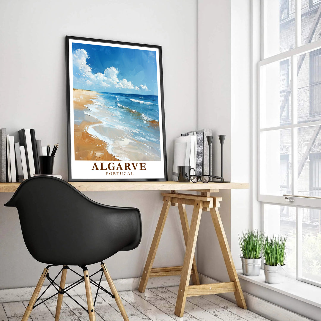 Bring relaxing Mediterranean coastal energy home with this blue and gold Algarve Beach, Portugal travel poster. MapYourDreams offers custom framed, unframed, and canvas print options for bedroom or dining room decor.