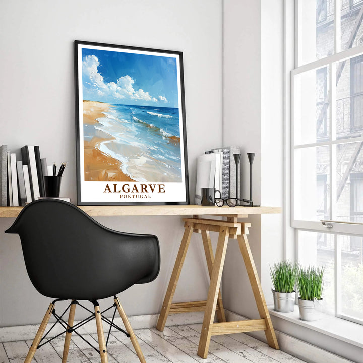 Bring relaxing Mediterranean coastal energy home with this blue and gold Algarve Beach, Portugal travel poster. MapYourDreams offers custom framed, unframed, and canvas print options for bedroom or dining room decor.