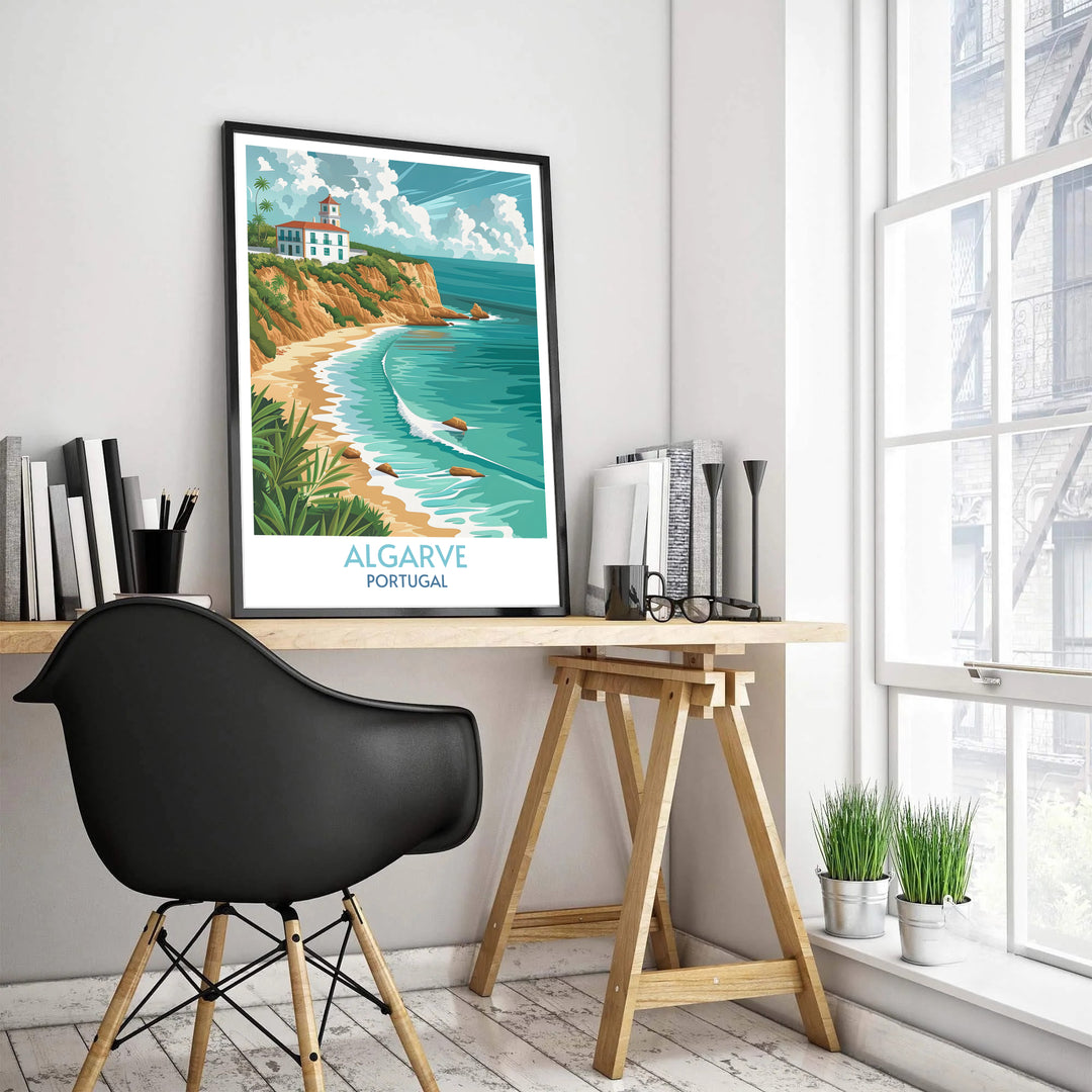 Soft white cumulus clouds drift across a bright blue sky over the Portuguese coast in this Algarve travel poster, presented in a crisp white frame layout ideal for coastal bedroom wall art decor.