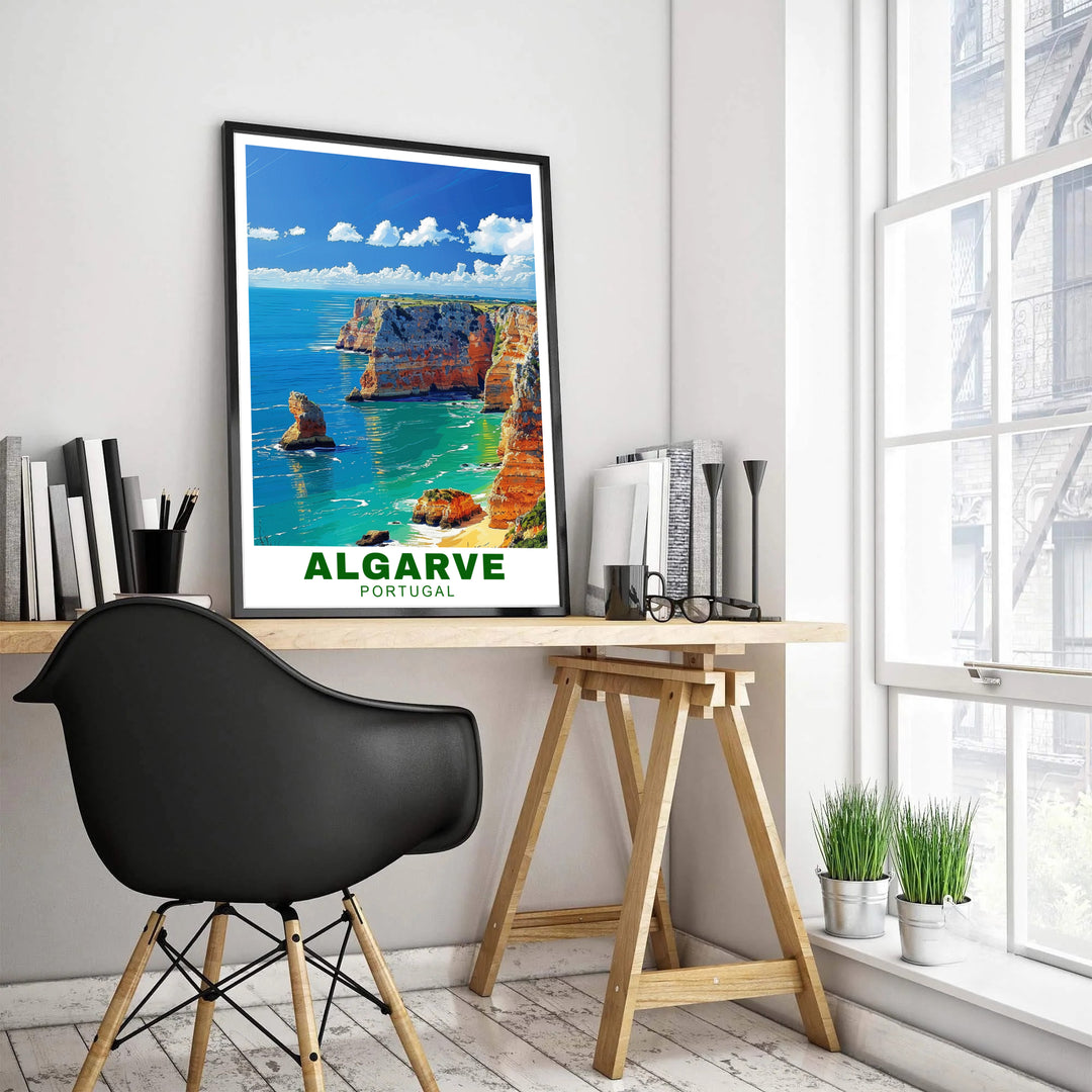 Dramatic sea caves and reflected green waters at Algarve Cliffs, Portugal define this travel print. Order beautiful framed, unframed, and canvas poster options at MapYourDreams to decorate coastal walls.
