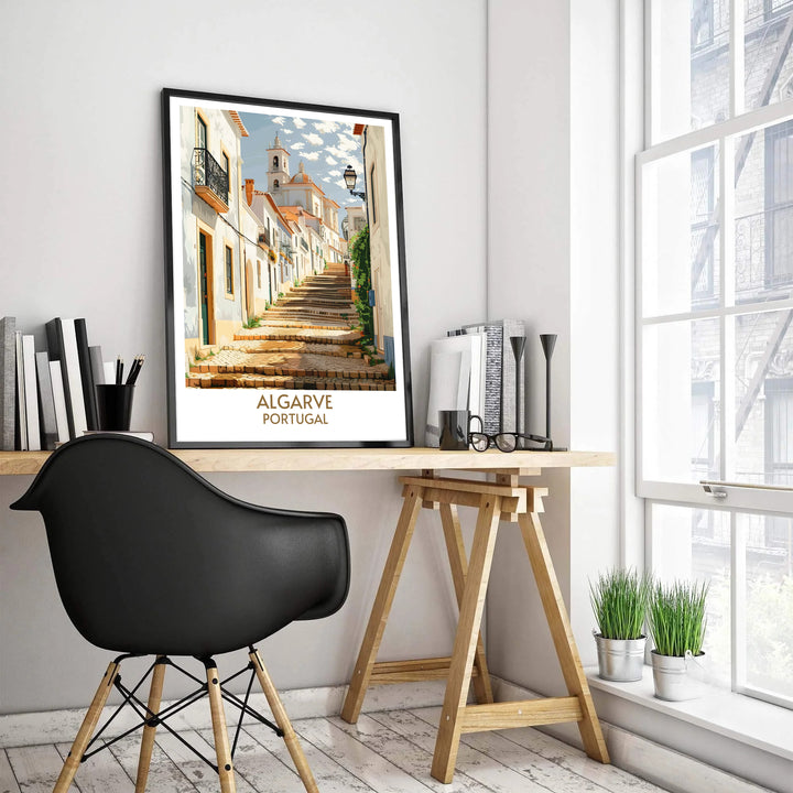 Bring Old World European charm home with this terracotta and cobblestone Faro Old Town, Portugal travel poster layout. MapYourDreams offers custom framed, unframed, and canvas print options for wall decor.