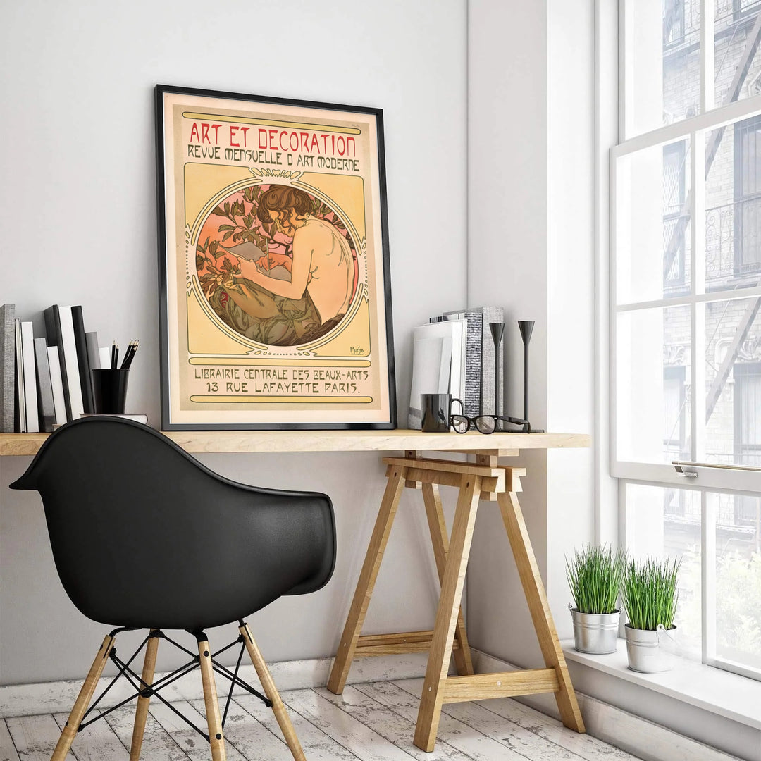 Serene Art Nouveau print Art Et Decoration by artist Alphonse Mucha from 1897 Paris journal series at 13 Rue Lafayette Paris for study wall decor. Select framed, unframed poster, or gallery canvas choices at MapYourDreams.