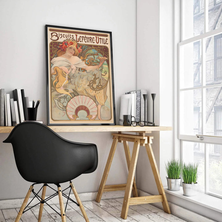 Vintage French advertisement poster Biscuits Lefevre Utile by artist Alphonse Mucha showing poppy flowers and wheat fields in Nantes France. Available as unframed prints, gallery canvas, or framed wall decor at MapYourDreams.