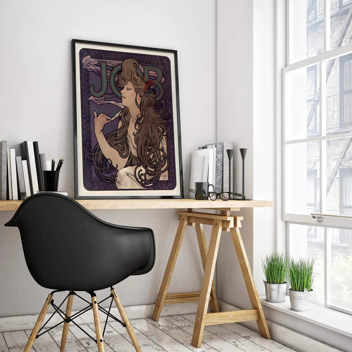 French historic travel print JOB Cigarette Papers with delicate smoke curls by artist Alphonse Mucha inspired by artistic Paris France. MapYourDreams offers versatile framed, unframed, and canvas print wall decor formats.