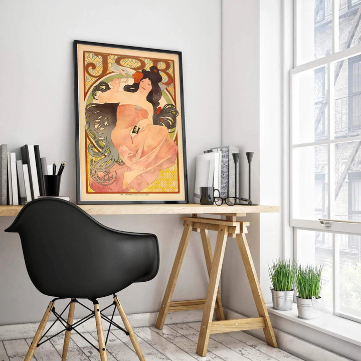 Classic Belle Époque portrait print JOB Cigarette Papers by artist Alphonse Mucha depicting a golden mosaic lattice background set at Boulevard Saint-Michel Paris. MapYourDreams provides custom fine art framed, unframed, and canvas print formats.