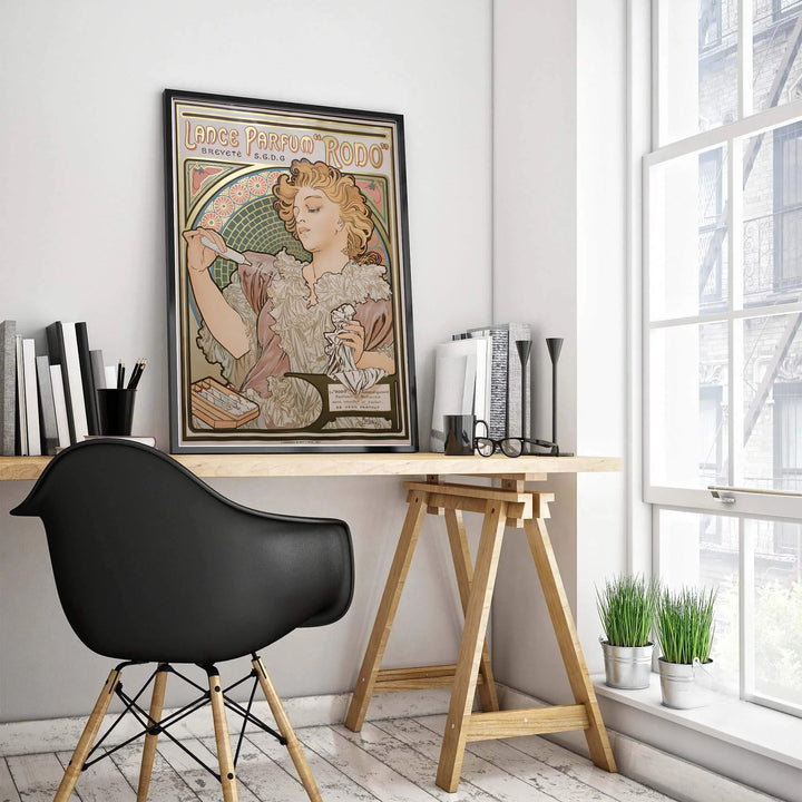 Vintage French advertisement poster Lance Parfum Rodo by artist Alphonse Mucha showing a woman holding a scent bottle in Paris France. Available as unframed prints, gallery canvas, or framed wall decor at MapYourDreams.