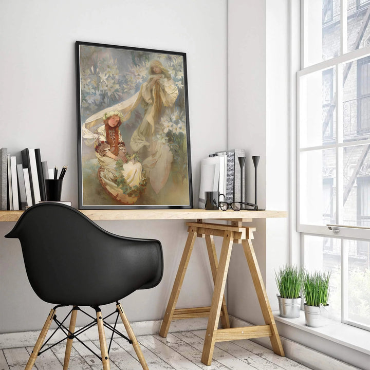 Alphonse Mucha museum exhibition poster Madonna Of The Lilies by artist Alphonse Mucha featuring delicate white veil drapery in Prague Bohemia. MapYourDreams features high-quality framed, unframed, and stretched canvas print choices.