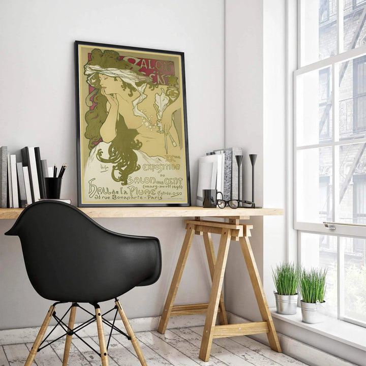 Alphonse Mucha gallery exhibition poster Salon Des Cent by artist Alphonse Mucha with intricate typography at 31 Rue Bonaparte Paris. MapYourDreams features high-quality framed, unframed, and stretched canvas print choices.