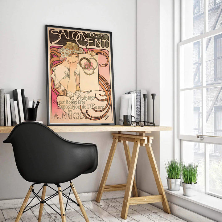 Alphonse Mucha gallery exhibition poster Salon Des Cent by artist Alphonse Mucha with magenta gradient tones at 31 Rue Bonaparte Paris. MapYourDreams features high-quality framed, unframed, and stretched canvas print choices.