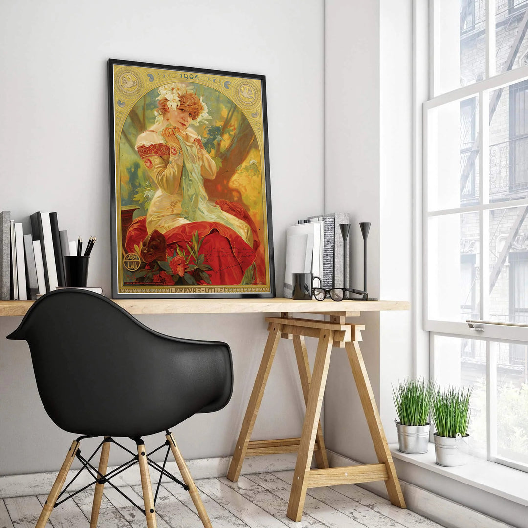 Alphonse Mucha 1904 calendar art print of Sarah Bernhardt as Melissinde set in Paris France, presented in versatile unframed paper, gallery-wrapped canvas, and solid framed print formats at MapYourDreams.