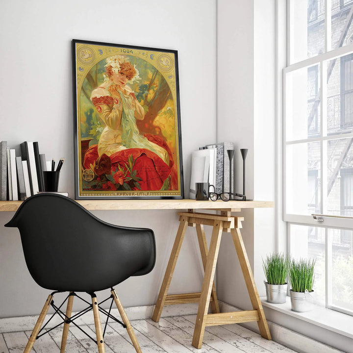 Alphonse Mucha 1904 calendar art print of Sarah Bernhardt as Melissinde set in Paris France, presented in versatile unframed paper, gallery-wrapped canvas, and solid framed print formats at MapYourDreams.