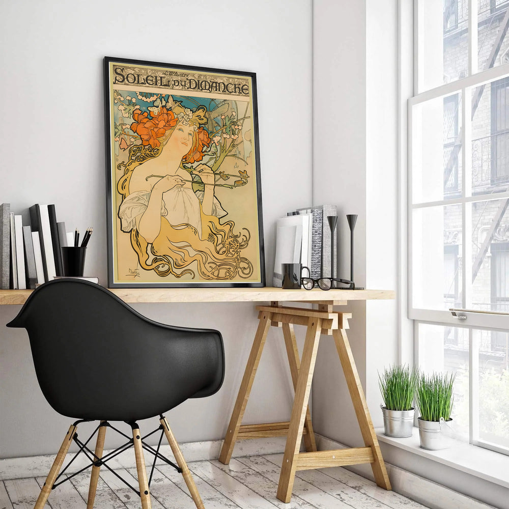 Vintage French travel illustration poster Soleil Du Dimanche by artist Alphonse Mucha showing golden hair tendrils and butterflies in Paris. Available as unframed prints, gallery canvas, or framed wall decor at MapYourDreams.