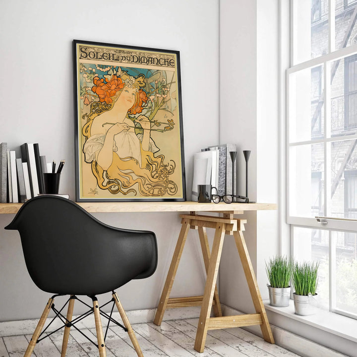 Vintage French travel illustration poster Soleil Du Dimanche by artist Alphonse Mucha showing golden hair tendrils and butterflies in Paris. Available as unframed prints, gallery canvas, or framed wall decor at MapYourDreams.