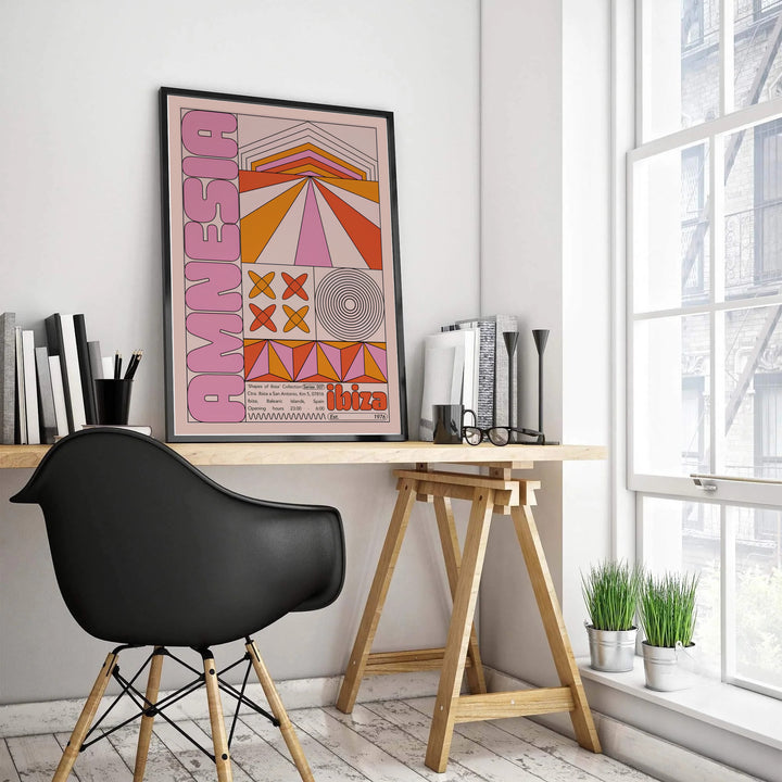 Mid-century geometric travel poster of Amnesia Ibiza in Spain capturing soundwave graphics and retro typography, presented by MapYourDreams where options include a high-quality unframed poster, a stretched gallery canvas, or a custom framed art piece made for modern urban apartments.