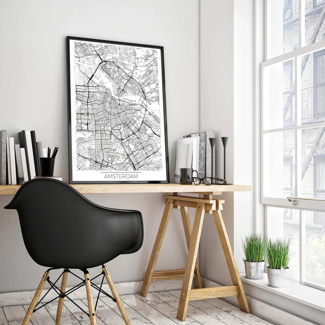 Architectural street grid poster depicting the geographic layout of Amsterdam Netherlands in a crisp monochrome aesthetic, provided by MapYourDreams in flexible choices including unframed fine art paper, stretched canvas, or custom frames in black, white, wood, gold, and silver.
