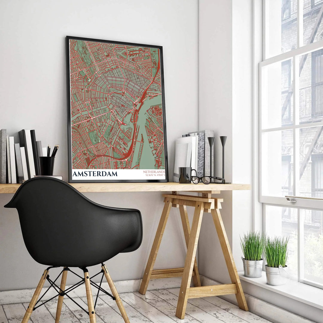 Contemporary European city map print showcasing the detailed road network and canal contours of Amsterdam in soft green and bold red, offered by MapYourDreams as a standalone unframed art print, a ready-to-hang gallery canvas, or a custom framed wall display tailored for mid-century interiors.