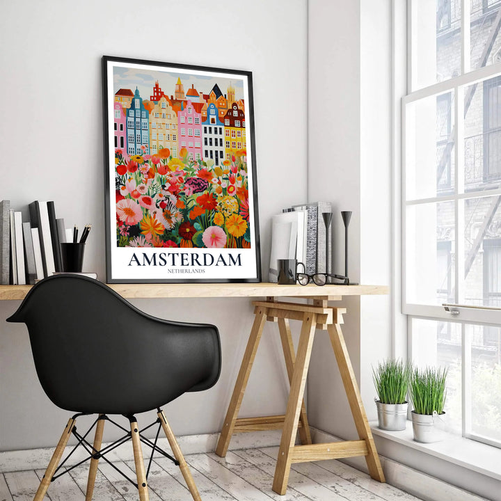 Storybook cityscape poster depicting colorful stepped-gable houses of Amsterdam Netherlands behind a dense field of spring wildflowers, provided by MapYourDreams in flexible choices including unframed fine art paper, stretched canvas, or custom frames in black, white, wood, gold, and silver.