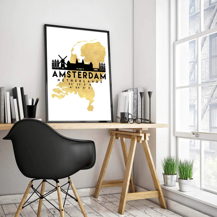 Contemporary European map print showcasing the geographic silhouette of the Netherlands in metallic gold with black Amsterdam landmarks, offered by MapYourDreams as a standalone unframed art print, a ready-to-hang gallery canvas, or a custom framed wall display for luxury interiors.