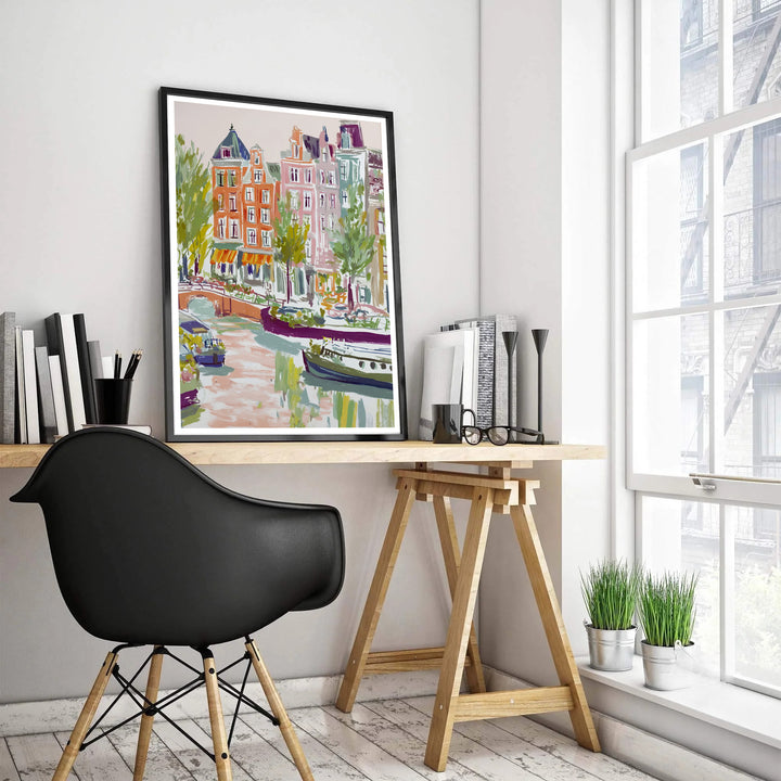 Contemporary European travel print showcasing painterly canal reflections, houseboats, and brick townhouses in Amsterdam, offered by MapYourDreams as a standalone unframed art print, a ready-to-hang gallery canvas, or a custom framed wall display tailored for Parisian chic interiors.