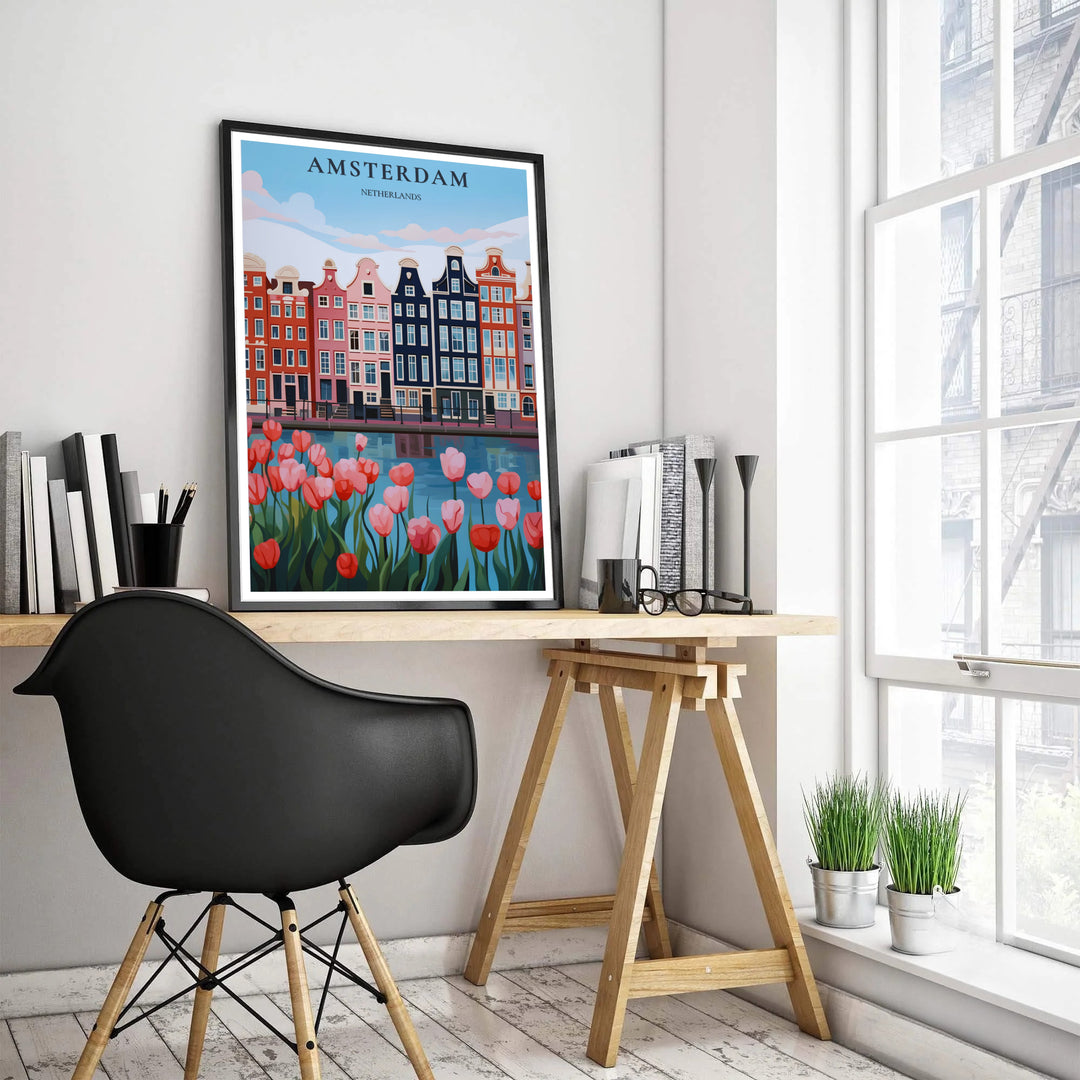 Modern Dutch canal houses poster featuring vibrant pink and coral tulips along the water in Amsterdam, presented by MapYourDreams as a high-quality unframed paper print, a durable gallery wrapped canvas, or a sleek custom framed art piece designed to elevate home office walls.